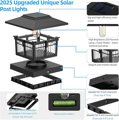 EXCMARK 4x4 Solar Post Cap Lights, 8 Pack Fence Deck Post Lights Outdoor Solar Powered Waterproof with Two Light Modes Warm&Cool White for Garden Patio Decor.(Classic Black, 8)