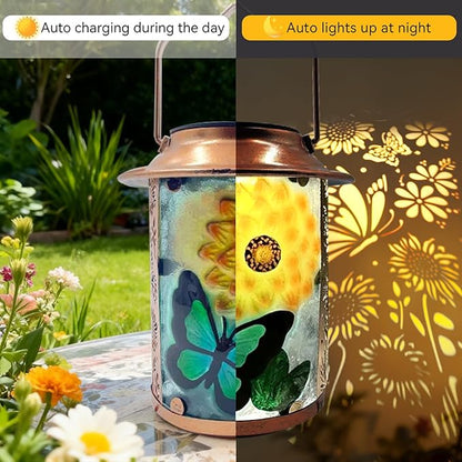 10" H Sunflower Butterfly Solar Lanterns Outdoor, Metal Glass Hanging Solar Lanterns with Hollow Out Retro Sunflower Lights, Decorative for Garden Yard Patio Pathway Tabletop Gifts