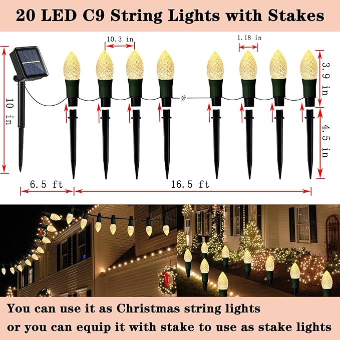 Solar Christmas Pathway Lights Outdoor, 20 LED C9 With 20 Stakes, 23FT Decorations Strawberry String for Roof Yard Patio Walkway Driveway, Warm White