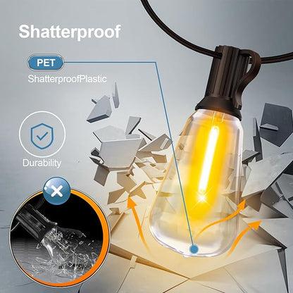 Outdoor String Lights, 100ft Waterproof ST38 Shatterproof Bulb Patio Lights, Backyard & Gazebo Hanging Lights