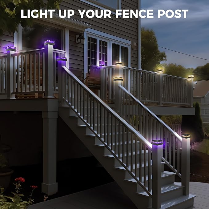 Peasur 4x4 Solar Post Lights Outdoor, 4 Packs Purple & Warm White LED Fence Caps Light Waterproof, Wood & Vinyl Post Top Lighting for Deck Mailbox Railing Porch Outside