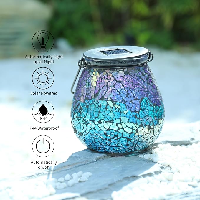 Afirst Mosaic Solar Lanterns Outdoor - Glass Hanging Solar Lights Hollow Out Waterproof Table Lamp Outdoor Decorative for Garden, Patio, Holiday Party Outdoor Decoration