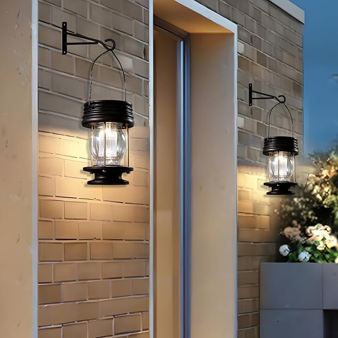 Hanging Solar Lantern Set 2-Pack, Rustic Porch Lighting