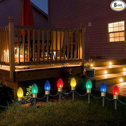 2 Pack Jumbo C9 Christmas Pathway Lights Outdoor, Total 14FT 8-Light Multicolor Diamond Connectable Plug in for Walkway, Fence, Yard, Garden