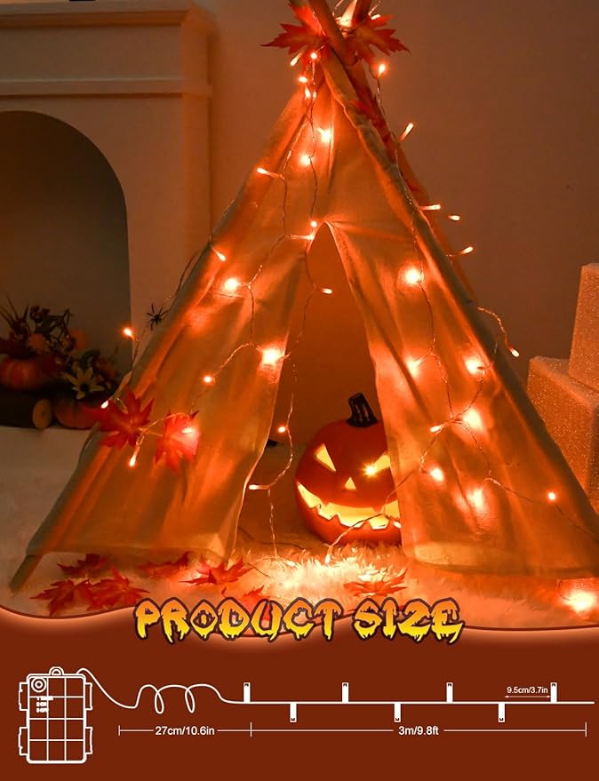 Halloween String Lights Battery Operated with Timer - 9.8ft 30LED Orange Waterproof Lights for Outside Decorations, Party, Yard, Pathway, Indoor and Outdoor 2 Packs