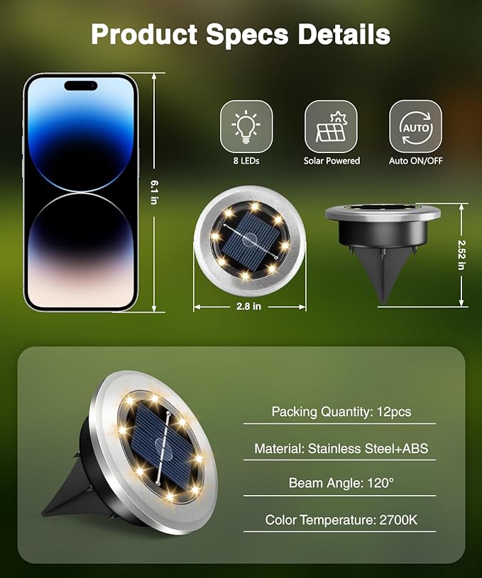 Mini Solar Ground Lights 12 Pack, Solar Lights Outdoor Waterproof, Solar Garden Lights Outdoor Landscape Lighting for Pathway Walkway Patio Yard Driveway, Warm White