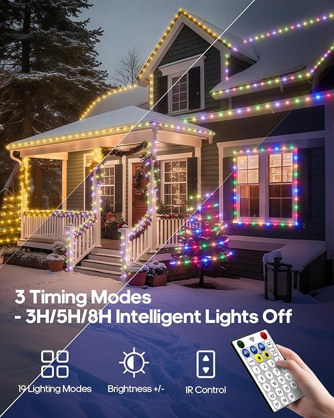 ICRGB Solar Rope Lights Outdoor, 66Ft 200LED 1800mAh Christmas String Lights with Remote, Type C, 19 Modes & Timer, IP67 Waterproof, Solar Light for Tree Patio Porch, Warm White to Multicolor