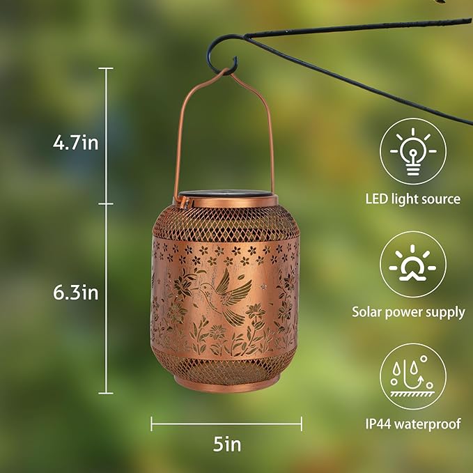 2 Packs Hummingbird Solar Lanterns Outdoor Waterproof, Hummingbird Birthday Gifts for Women Mom Grandma, Metal Hanging Solar Lights Outside Decorations for Patio Porch Yard Backyard Decor