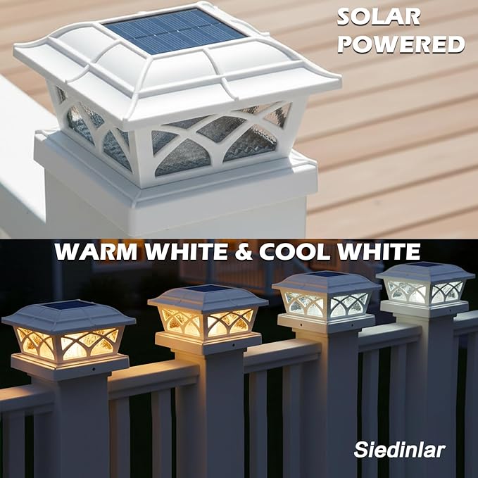 SIEDiNLAR Solar Post Cap Lights Outdoor Glass 2 Color Modes 8 LEDs for 4x4 5x5 6x6 Posts Fence Deck Patio Decoration Warm White & Cool White Lighting White (6 Pack)