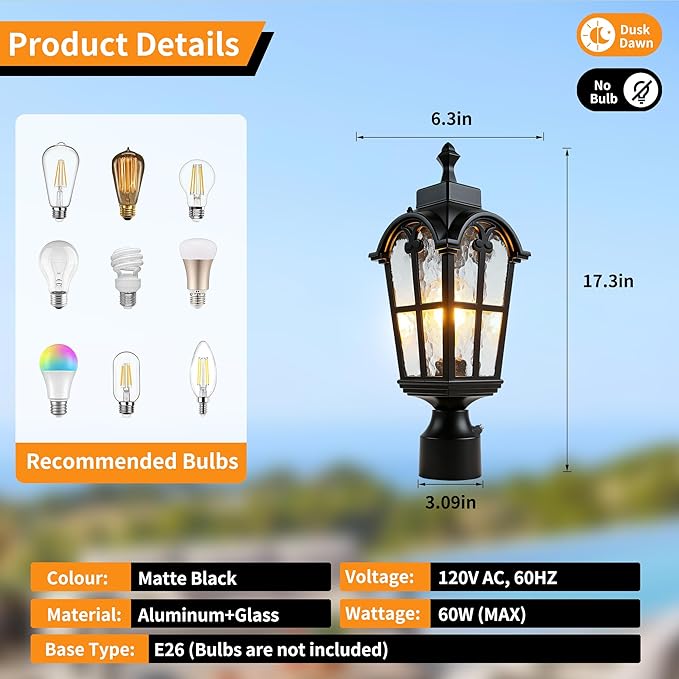 Dawn to Dusk Sensor Outdoor Post Lights Waterproof Post Light Fixture Outdoor Anti-Rust Waterproof Exterior Lamp Post Lighting for Front Door Yard Pathway Driveway Fence - 2 Pack