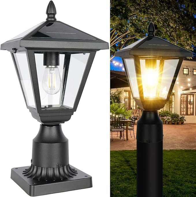 Solar Post Lights Outdoor – No Wiring Required, Auto Dusk to Dawn Fence & Pillar Light for Backyard, Garden, Pathway, Metal and Glass Built Weather Resistant Post Lamp Lights (Warm White)
