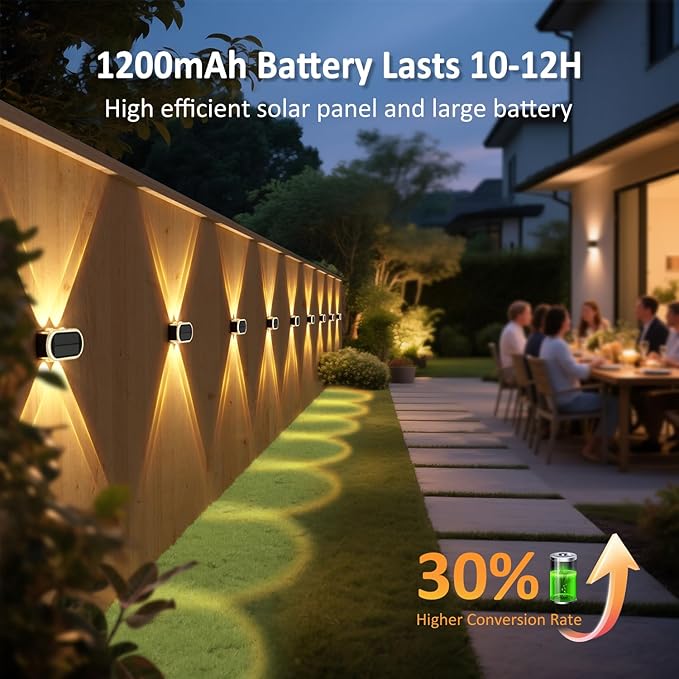 Solar Fence Lights Outdoor: IP65 Waterproof Wall Lighting with Dual Focused LED Up Down - 3000K/4000K/6000K 10-12H Lasting - Easy to Install for Backyard Patio Porch 8 Pack