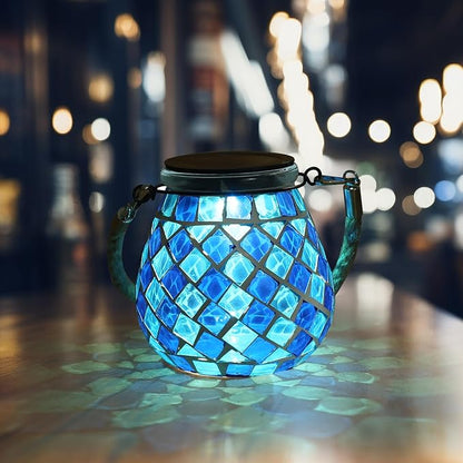 Mosaic Solar Lights Outdoor Lanterns, Decorative Mosaic Glass Solar Lamps Outdoor Waterproof, Hanging Lanterns Night Lights for Garden, Patio, Pathway & Yard Decor (Blue)