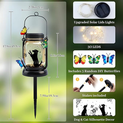 Dog Solar Lanterns Outdoor Garden Solar Dog Lights Dog & Cat Lover Gifts for Women Mom Grandma, Butterfly Fairy Lights Waterproof Hanging Mason Jar Lamps (Dog Kiss Butterfly)