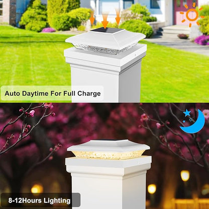 12 Pack 5x5 Fence Post Solar Lights - Outdoor Waterproof White Solar Post Cap Lights for 5.5x5.5 Vinyl Posts for Deck/Yard/Stair Lighting
