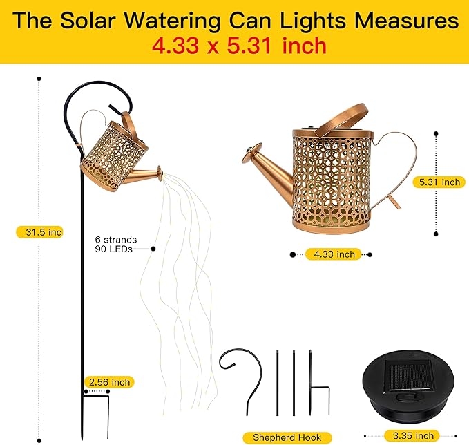 Ollny Solar Watering Can with Cascading Lights Outdoor Garden Decor, Birthday Gifts for Mom Grandma Women, IP65 Waterproof 2 Lighting Modes Hanging Lanterns for Yard Patio Lawn (Beehive)