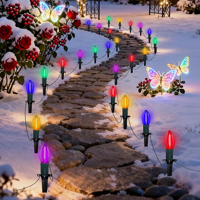 C9 Christmas Pathway Lights Outdoor, 38 Ft 25 LED Multicolor C9 Christmas Lights, Connectable Outdoor Waterproof Walkway Markers Light for Driveway Yard Garden Lawn Xmas Decorations