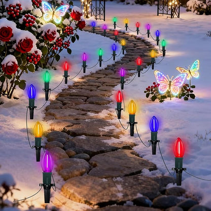 C9 Christmas Pathway Lights Outdoor, 38 Ft 25 LED Multicolor C9 Christmas Lights, Connectable Outdoor Waterproof Walkway Markers Light for Driveway Yard Garden Lawn Xmas Decorations