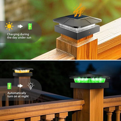 Peasur 2 Packs 4x4 Solar Post Lights Outdoor, Green & Warm White LED Fence Caps Light Waterproof, Wood & Vinyl Post Top Lighting for Deck Mailbox Railing Porch Outside