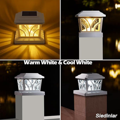 SIEDiNLAR Solar Post Cap Lights Outdoor, Aluminum Glass 2 Modes Fence Post Caps for 4x4 5x5 6x6 Vinyl Wooden Posts Patio Deck Fence Decor, Warm White & Cool White Lighting 2 Pack (White)