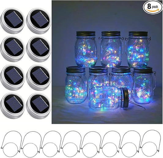 Decorman Solar Mason Jar Lights, 8 Pack Waterproof Fairy Star Firefly Lids String Lights with 8 Hangers for Patio Yard Garden Party Wedding Christmas Decoration(Jars Not Included)