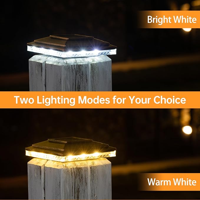 Solar Post Cap Lights,Outdoor Deck Fence Post Lights,Powerful Lithium Battery 20Lumens Two Light Modes Warm White/Bright White Suitable for 4x4 5x5 Wooden Posts,4x4 Viny Posts (Brushed Copper, 12pk)