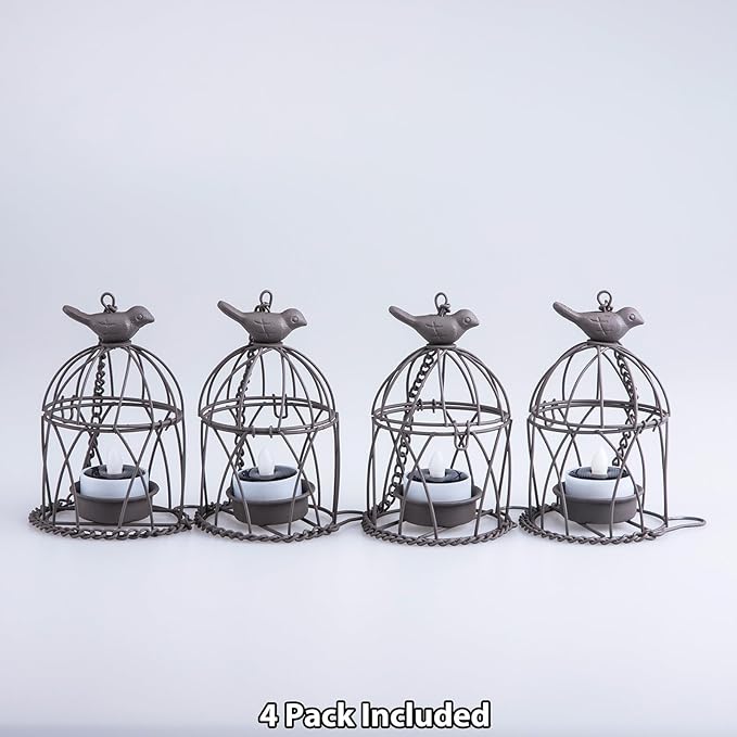 Solar Lanterns Outdoor Waterproof, Rust Iron Cage Candle Holder with Flickering Solar Powered Tea Lights, Hanging Solar Lights for Outside Tree Backyard Patio Garden Fence Decoration-4Pack