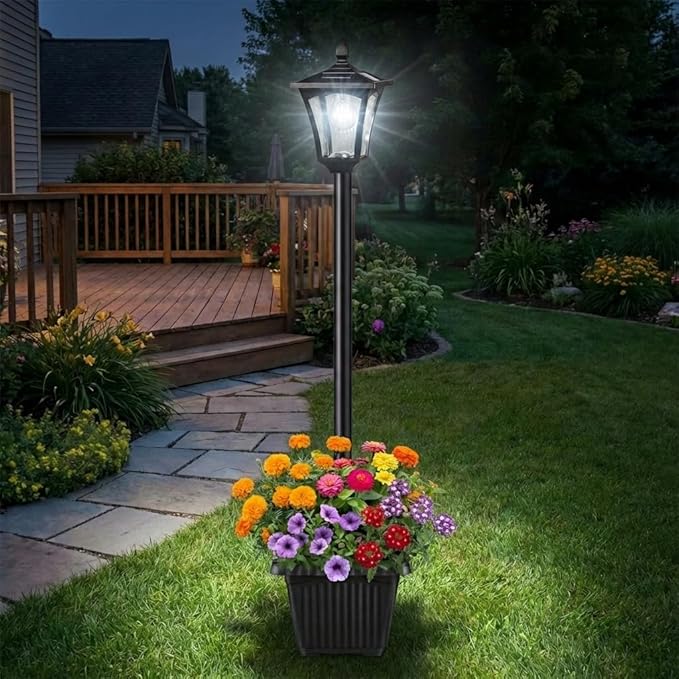 76" Solar Lamp Post Lights with Planter, Glass & Metal Street Light Outdoor Waterproof, 60 Lumens Dusk to Dawn Solar Pole Light for Garden, Yard, Driveway, Porch, Patio, Cool White