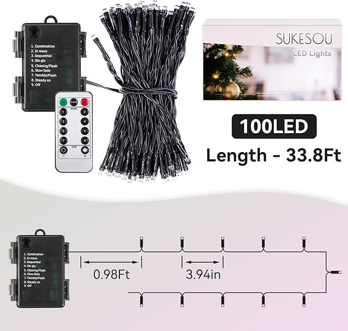 Battery String Lights Outdoor 33Ft 100 LED Fairy Lights for Indoor Outdoor Waterproof with Remote Timer 8Modes Battery Operated Christmas Lights for Outside Party Garden Christmas Tree Décor