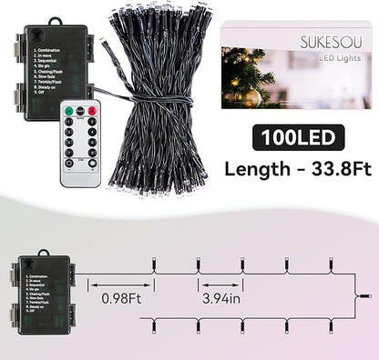 Battery String Lights Outdoor 33Ft 100 LED Fairy Lights for Indoor Outdoor Waterproof with Remote Timer 8Modes Battery Operated Christmas Lights for Outside Party Garden Christmas Tree Décor