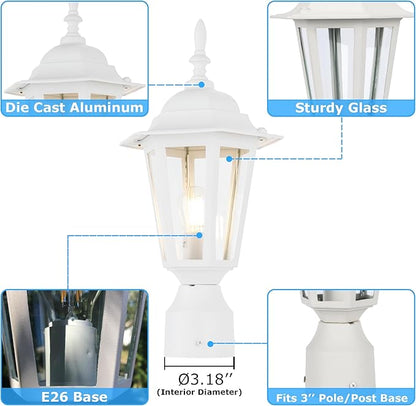 LIT-PaTH 16 Inch Outdoor Lamp Post Light Fixture, Exterior Pole Lantern with Clear Glass, Hardwired Aluminum Post Lighting for Driveway Garden Yard, White, 1-Pack