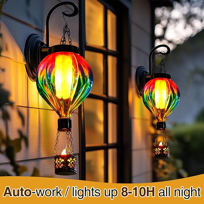 Hot Air Balloon Hanging Solar Lantern Outdoor Waterproof with Flickering Flame Gifts for Women Grandma Mom Glass Hanging Solar Lights Decorative for Outside Wall Front Porch Yard Garden Fence