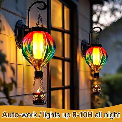 Hot Air Balloon Hanging Solar Lantern Outdoor Waterproof with Flickering Flame Gifts for Women Grandma Mom Glass Hanging Solar Lights Decorative for Outside Wall Front Porch Yard Garden Fence