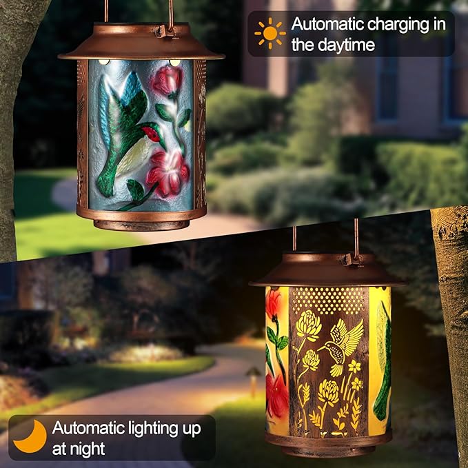 Hummingbird Solar Lanterns Outdoor Waterproof, Birthday Gifts for Women Mom Grandma , Metal Garden Decor Hanging Solar Lights Outside Decorative for Yard Patio Backyard Porch Decorations