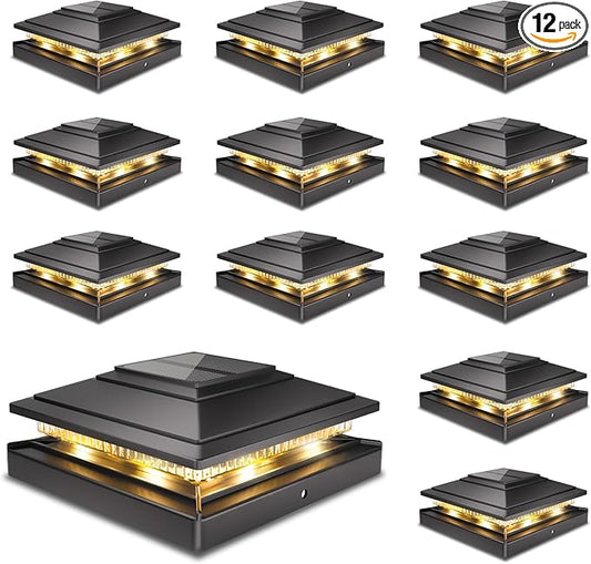 Solar Post Cap Lights Outdoor 12pack, Waterproof Fence Post Lights for 4x4 5x5 6x6 Wood/Vinyl Posts, Black Solar Deck Post Lights with 2 Color Modes Decorate Garden Patio Porch Backyard