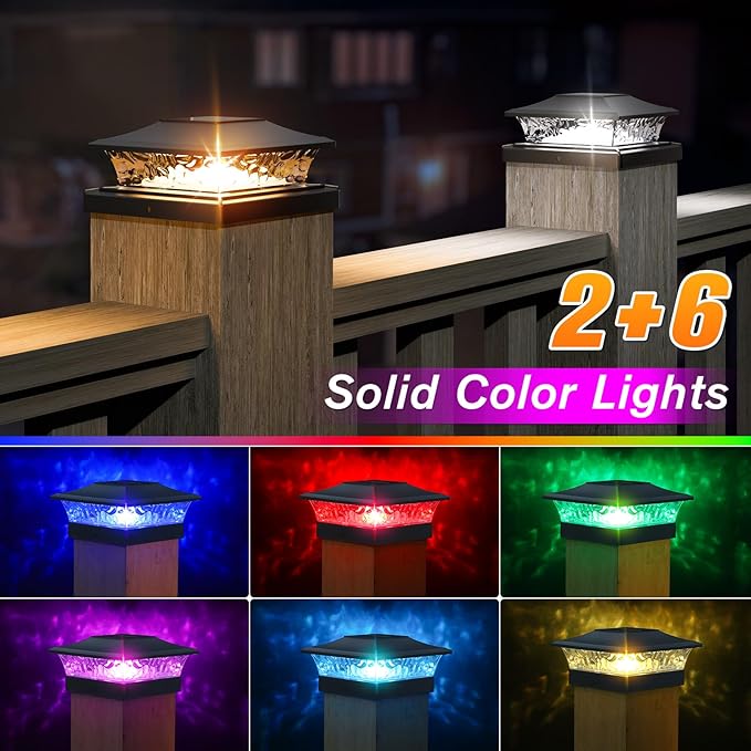 APONUO Solar Post Cap Lights with 8 RGB Solid Colors & Multicolor Flow - 16 Pack 6x6 Post Cap Solar Light, IP65 Waterproof - Fits 4x4 5x5 6x6 Wood & Vinyl Posts - Black
