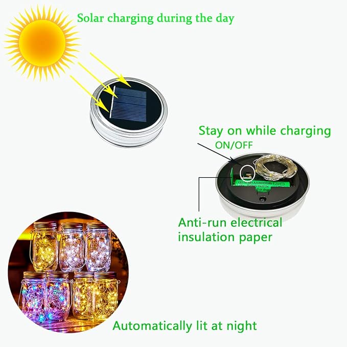 Upgraded Solar Mason Jar Lighs Warm White 12 Pack of 30 LED String Firefly Mason Jar lid Lights, Including 12 Hangers (Excluding Jars), Best for, Terrace Garden Decoration