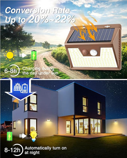 Peasur Solar Outdoor Lights [5 Pack/140LED], 3000K Warm Light Motion Sensor Outdoor Powered Security Lights 3 Working Modes Waterproof for Outside Garden Yard, Brown Frame