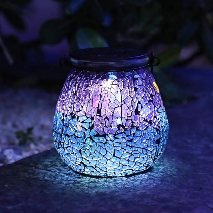 Afirst Mosaic Solar Lanterns Outdoor - Glass Hanging Solar Lights Hollow Out Waterproof Table Lamp Outdoor Decorative for Garden, Patio, Holiday Party Outdoor Decoration