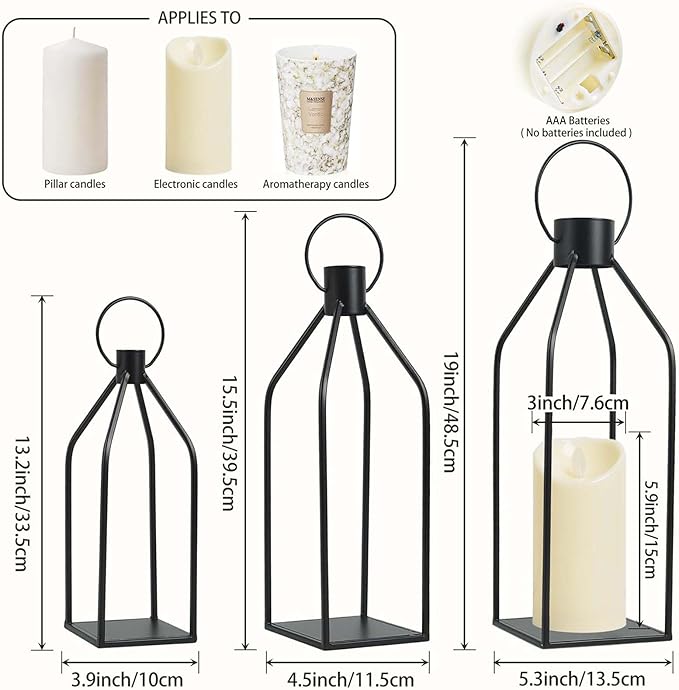 Set of 3 Decorative Lanterns (19"/16"/13") - Black Metal Indoor Outdoor Lanterns with Flickering LED Candles, Front Entrance Decor for Home Wedding Christmas