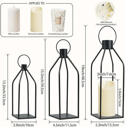 Set of 3 Decorative Lanterns (19"/16"/13") - Black Metal Indoor Outdoor Lanterns with Flickering LED Candles, Front Entrance Decor for Home Wedding Christmas