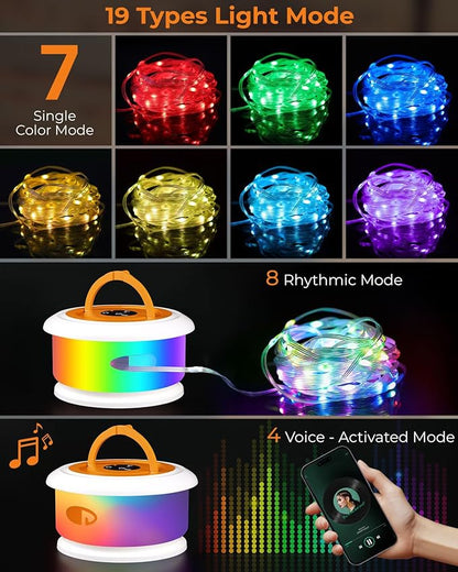 Camping String Lights, Retractable 32.8ft RGB Flash Lamp, Rechargeable Fairy LED Rope Lights Outdoor Waterproof, Portable Hanging Lantern for Outside Tent Patio Awning Garden RV Essentials