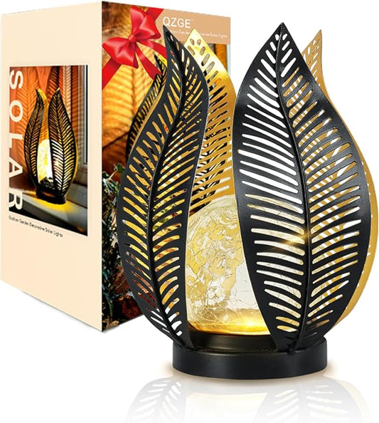 Solar Garden Lights Waterproof Decorations,Crackle Globe Glass,Metal Palm Leaf Solar Lights for Outdoor Decor On Garden,Patio,Yard,Front Porch,Tabletop Lamp-Perfect Gifts