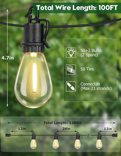 100FT Outdoor String Lights with 52 Shatterproof S14 Vintage Edison Bulbs E12 Sockets,2700K Dimmable Outdoor Lights,IP55 Waterproof LED String Lights for Outside, Patio, Garden, Backyard,Bistro