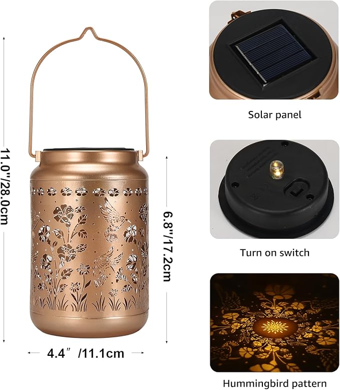 Lyeasw Garden Decor Hummingbird Solar Lanterns, 7 Inches Waterproof Hanging Lights for Outside, Metal Outdoor Decorations for Patio, Yard, Pathway, Birthday Gifts for Women(Bronze)