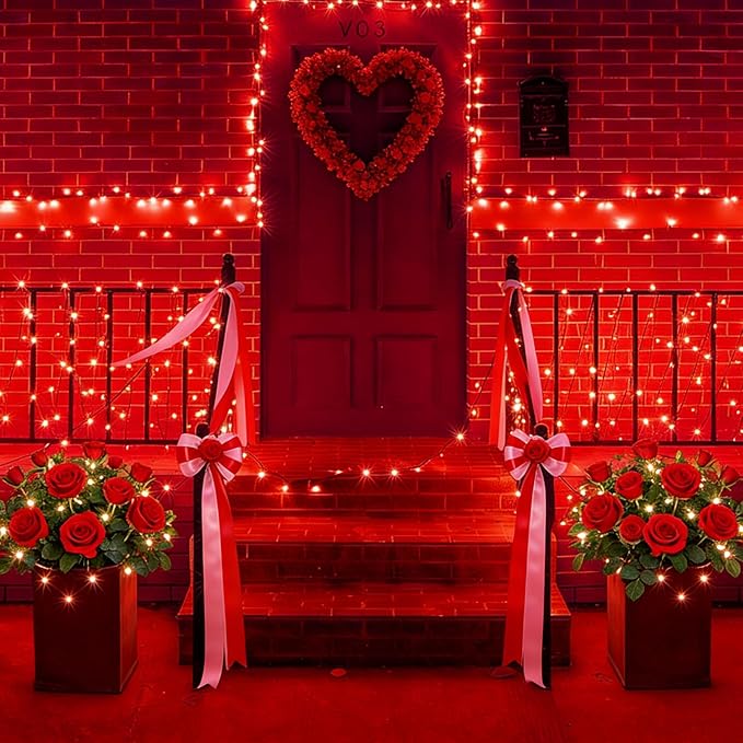 YEGUO Valentine’s Day String Lights Battery Operated, 2 Pack Each 33ft 100 LED Red Christmas Lights Outdoor Waterproof, Green Wire Fairy Light Indoor with Remote