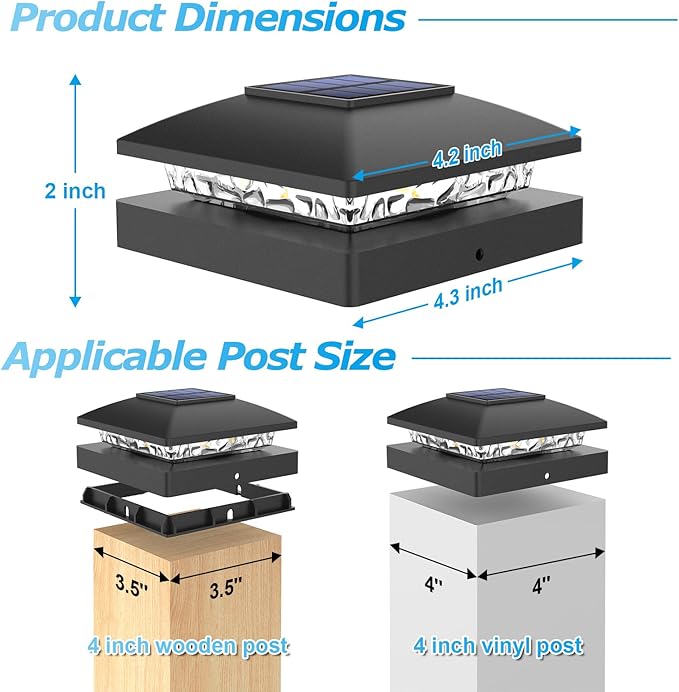 VOLISUN 4x4 Solar Post Cap Light 6pack,Solar Fence - Post Lights Outdoor Waterproof for Wooden/Vinyl Post,Black Deck Post Cap Light Solar Powered with Warm White for Garden/Patio/Porch