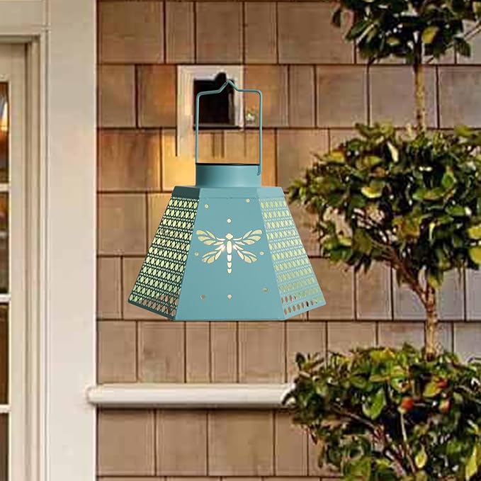 Outdoor Solar Lanterns Waterproof Hanging Solar Metal Lantern 9.5" Dragonfly LED Lantern Yard Art Decor for Yard, Patio, Hallway, Birthday Mothers' Day Gifts (2Pack, Blue)