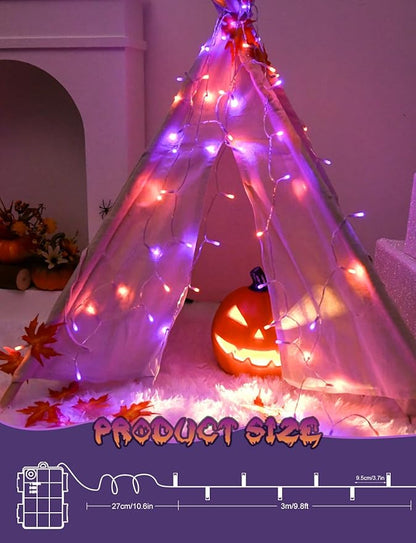 Halloween String Lights Battery Operated With Timer, Orange and Purple Outdoor 9.8ft 30LED, Decorations for Party Yard Pathway Indoor Outdoor