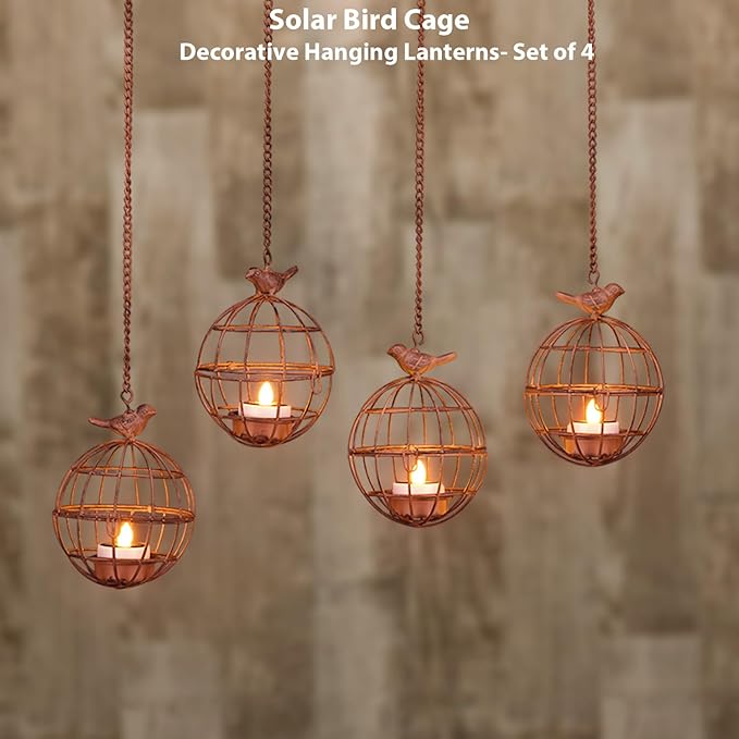 Outdoor Solar Hanging Lantern Lights, 4 Pack Rustic Ball Birdcage Hanging Candle Holder with Solar Tea Lights, Waterproof Chandelier for Patio, Backyard, Pergola, Tree Decor (Dark Orange)